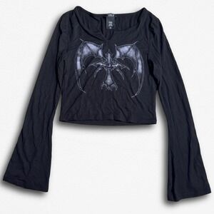 Cosmic Aura Black Bat Wing Cross Graphic Bell Sleeve Crop Top Goth XS